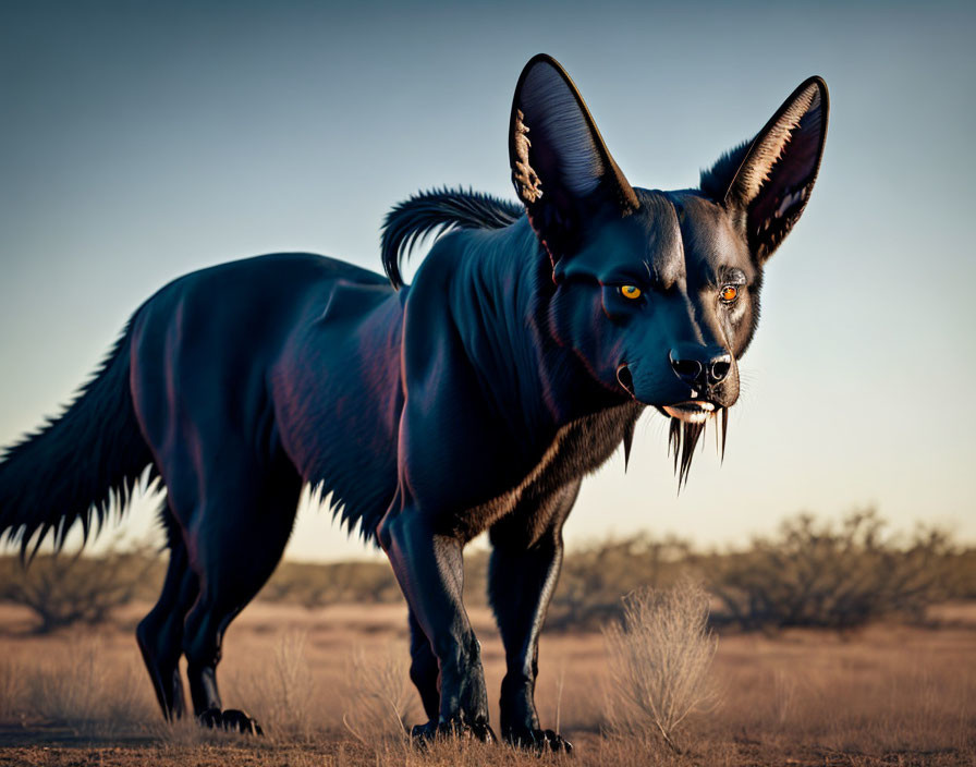 Digital artwork: Large black dog with exaggerated features in desert landscape