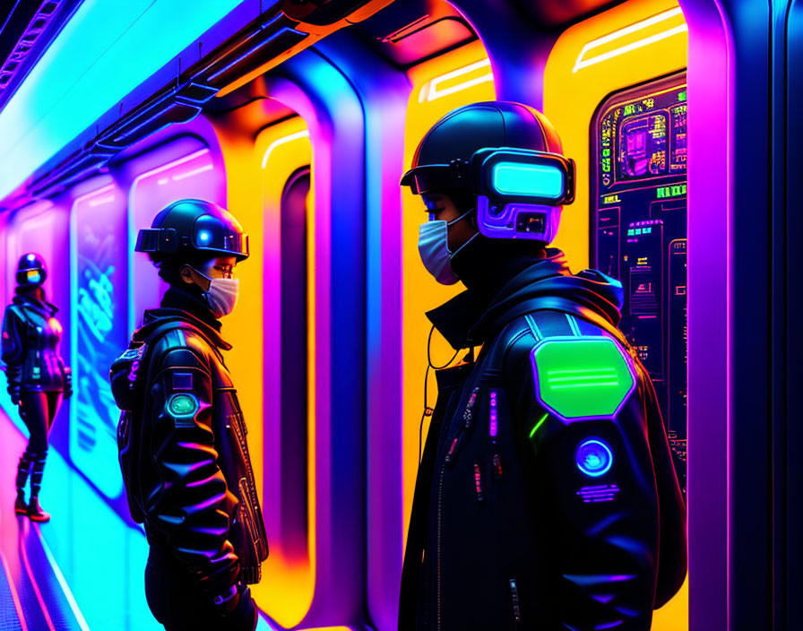 Futuristic individuals in illuminated suits in neon-lit corridor