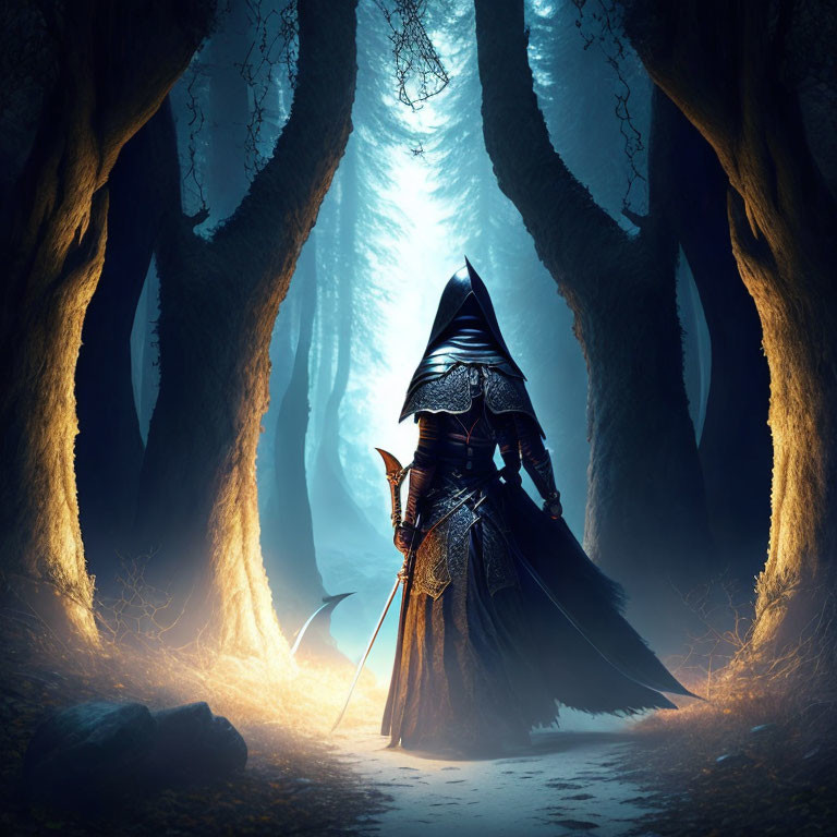 Cloaked figure with scythe in mystical blue forest surrounded by gnarled trees