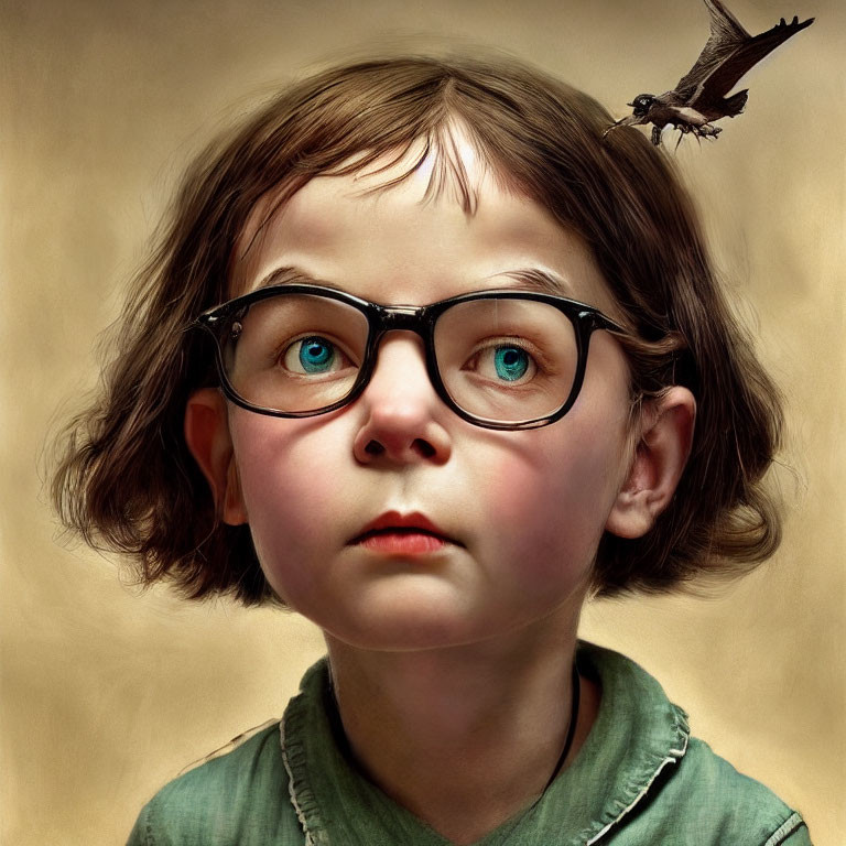 Young Child with Large Round Glasses and Bird Perched on Head