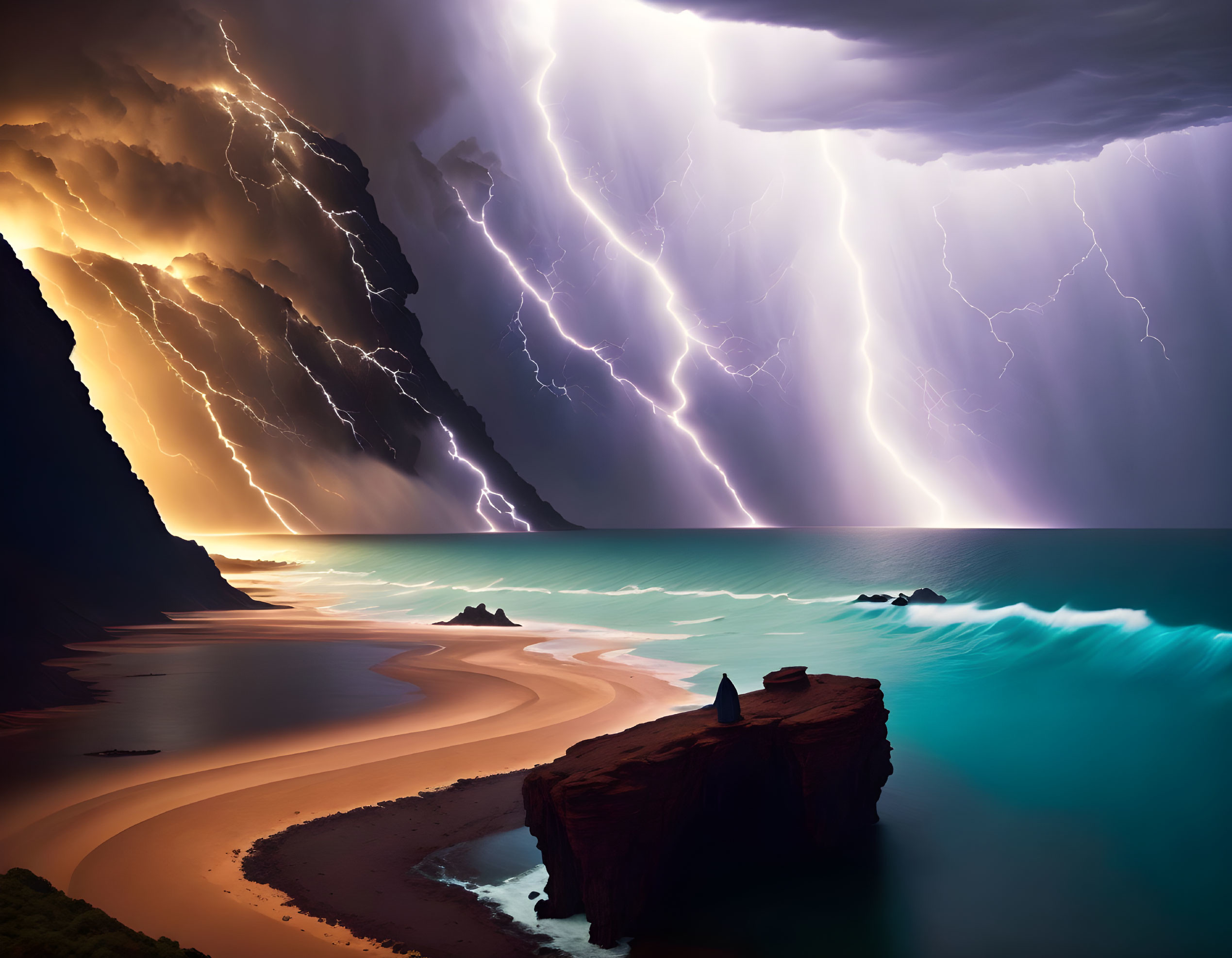 Dramatic night beach scene with lightning strikes over ocean.