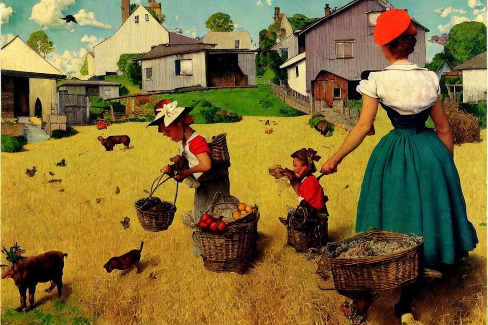 Woman in blue skirt and white blouse watching children and pets picking apples in rustic farmyard with barns