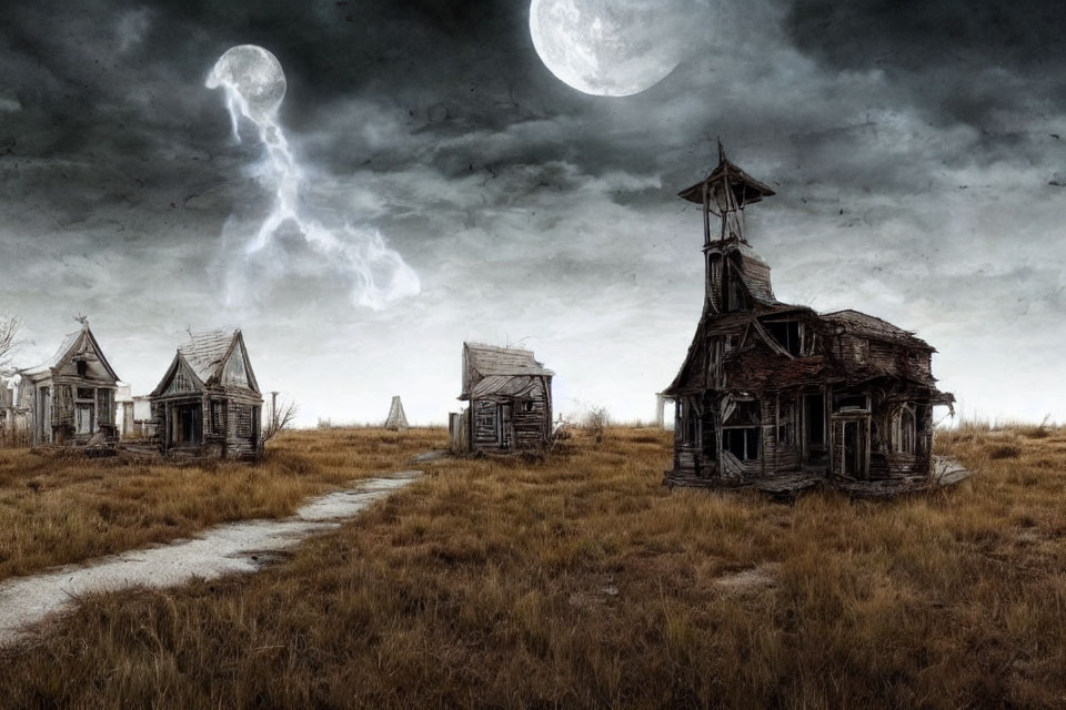 Desolate scene with wooden buildings, church, moon, and lightning