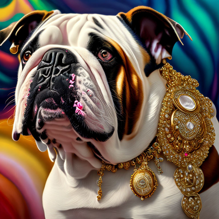 Stylized bulldog with gold jewelry on colorful swirl background