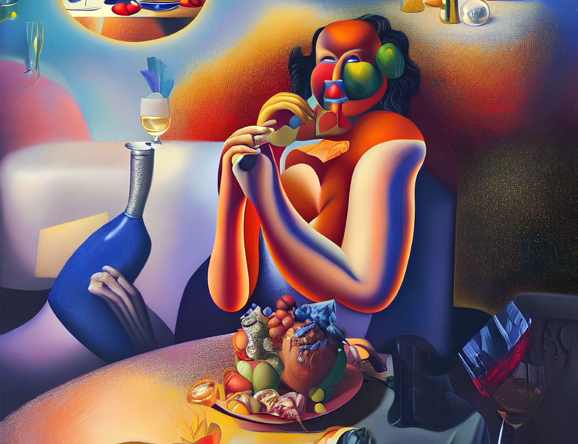 Surreal artwork of a woman dining with distorted proportions