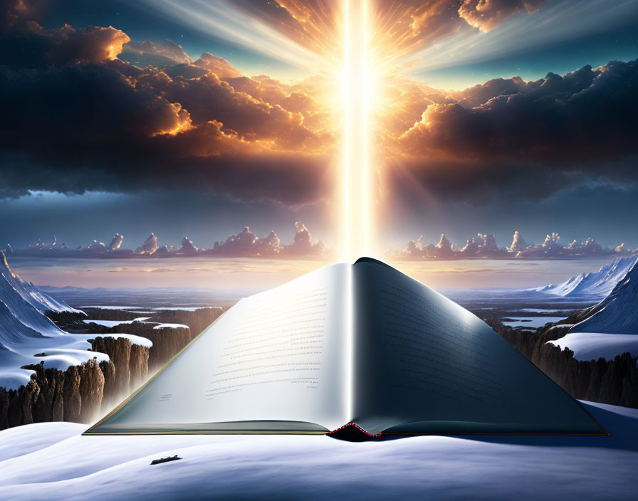 Open book on snowy landscape with radiant light beam in cloudy skies