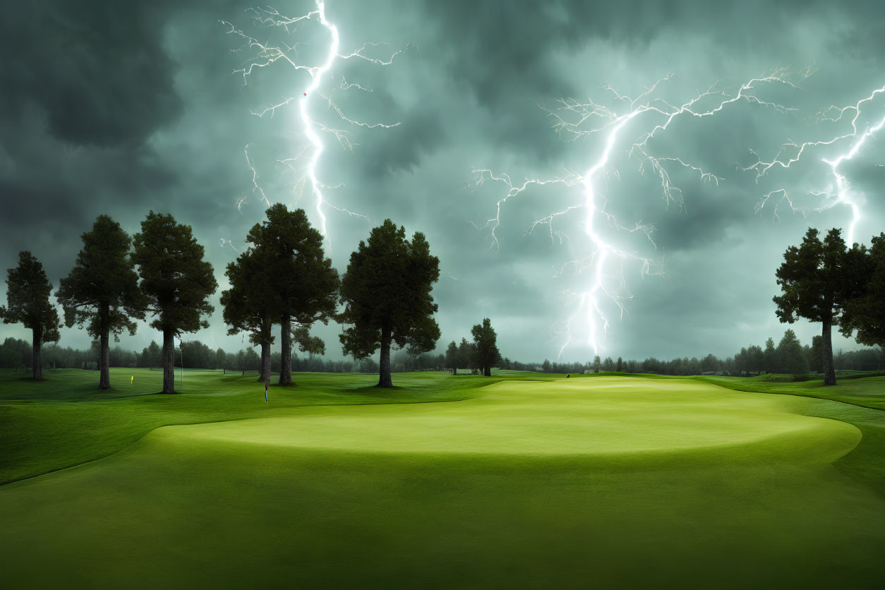 Serene golf course with lush greenery under stormy sky & lightning