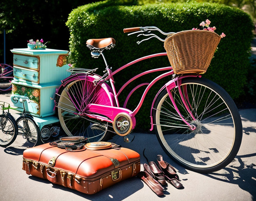 Vintage pink bicycle with flower-adorned basket, brown suitcase, leather accessories, and teal dresser.