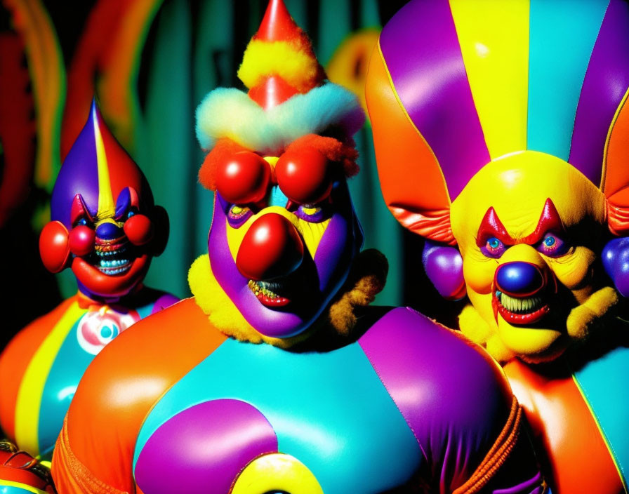 Colorful Clown Figures with Exaggerated Expressions & Balloons