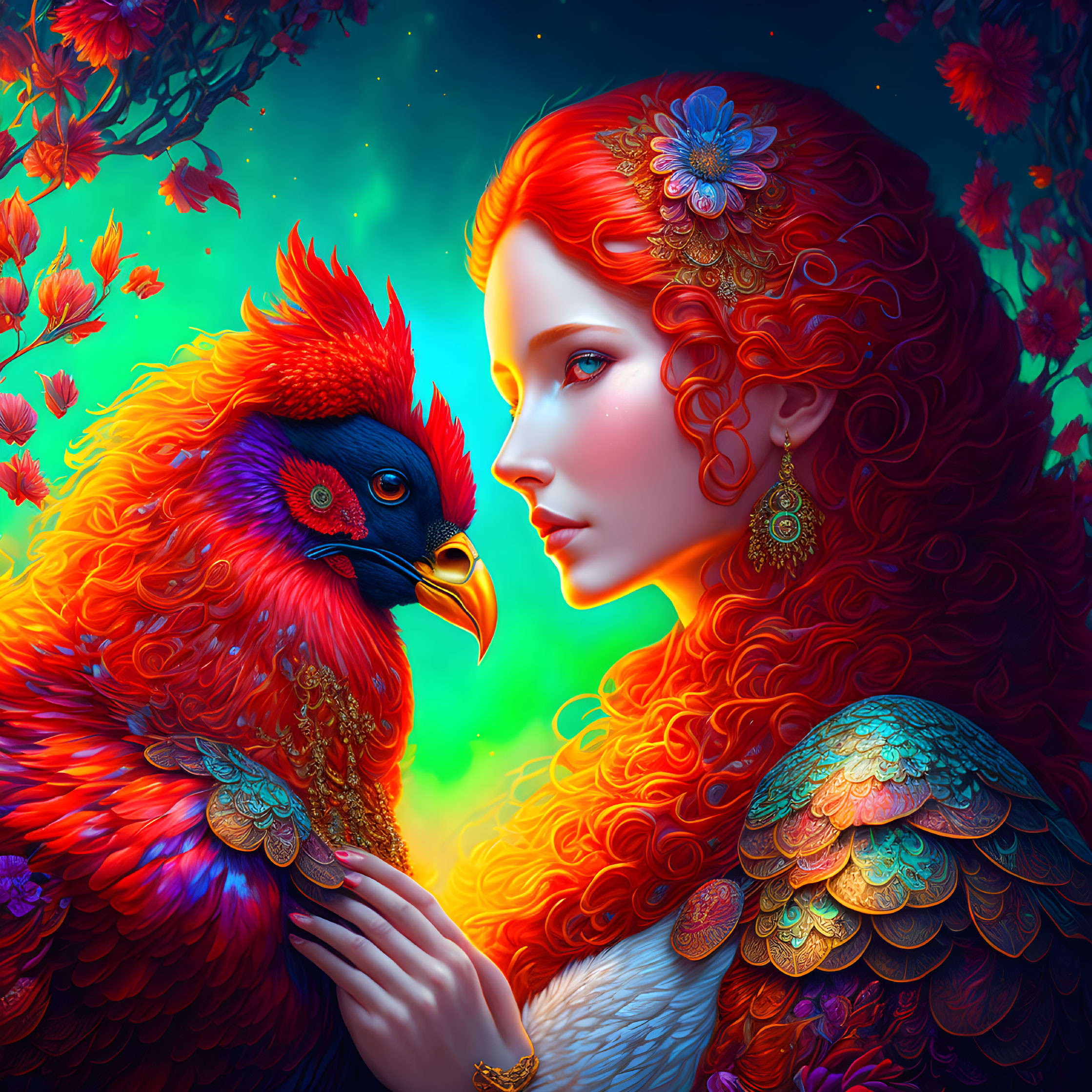 Colorful Illustration of Woman with Red Hair and Rooster in Floral Night Scene