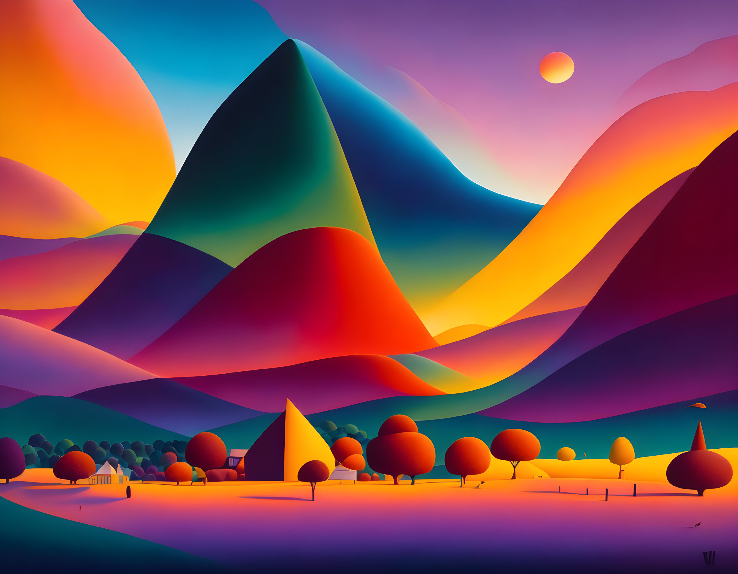 Colorful rolling hills under sunset sky with trees in foreground