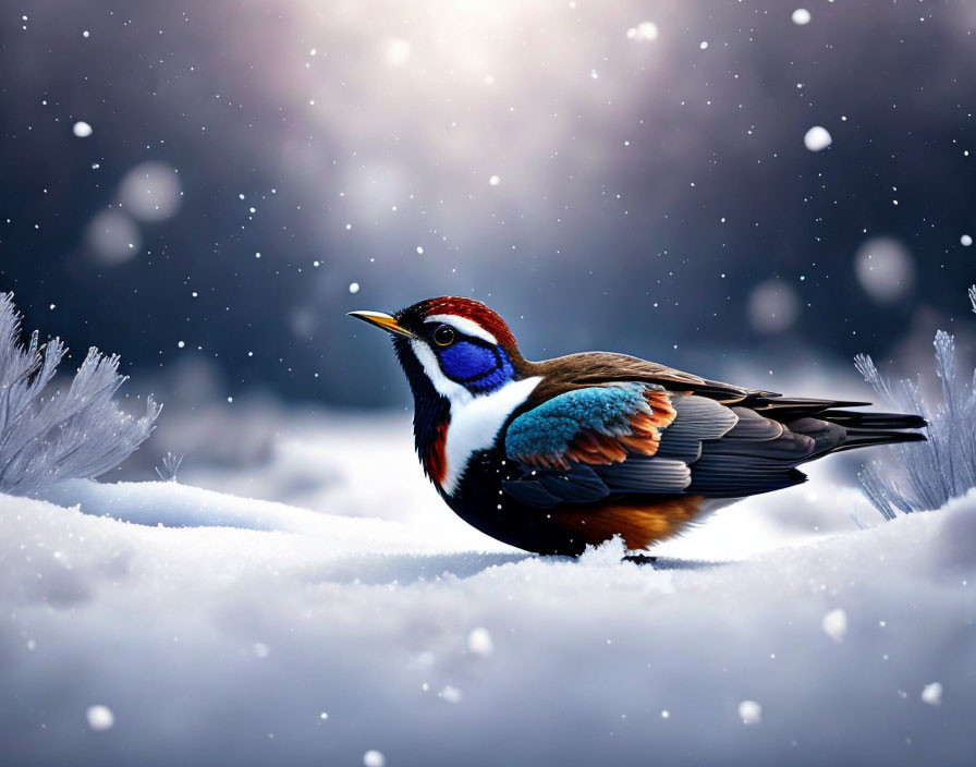 Vivid blue, white, and chestnut bird in snowy setting