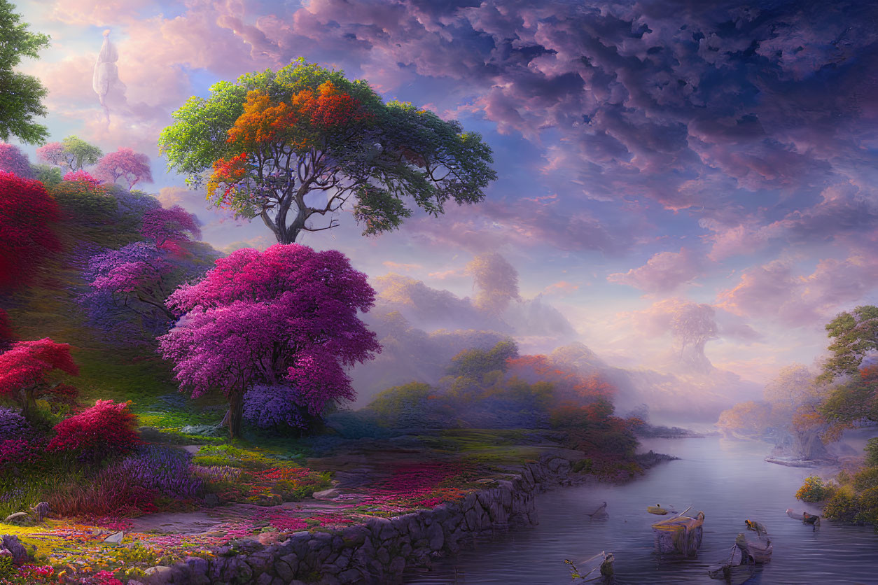 Colorful Blooming Trees and Swans in Fantasy Landscape