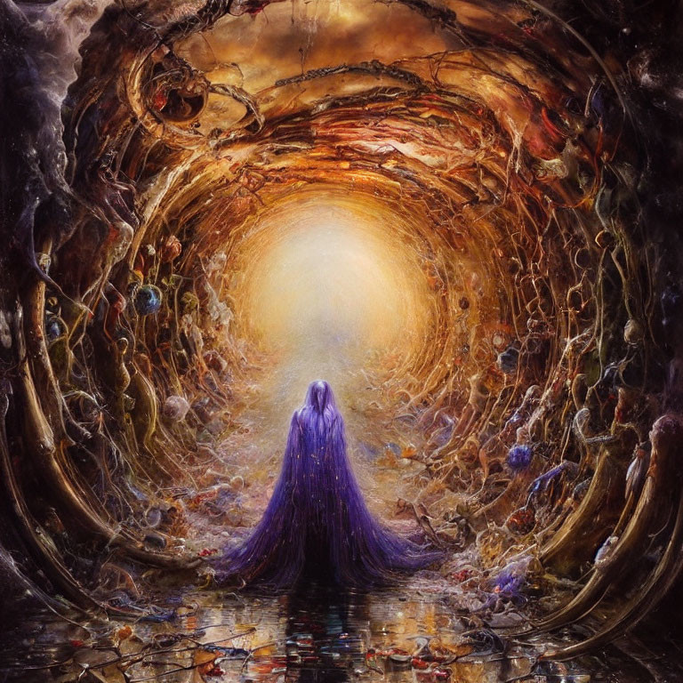 Mystical Figure in Purple Cloak at Entrance of Illuminated Tunnel