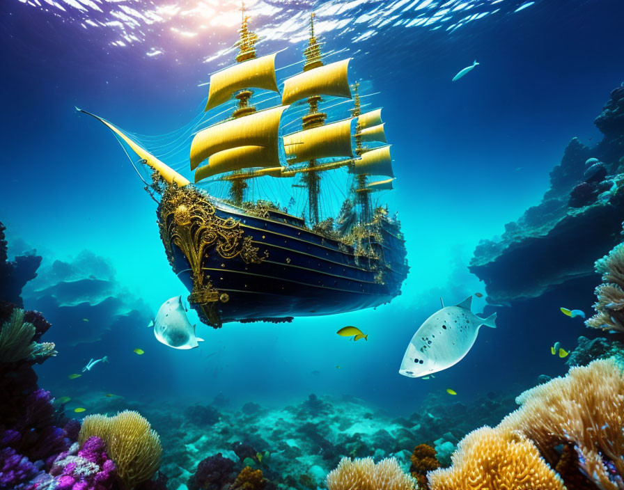 Majestic sailing ship underwater with tropical fish and coral reefs