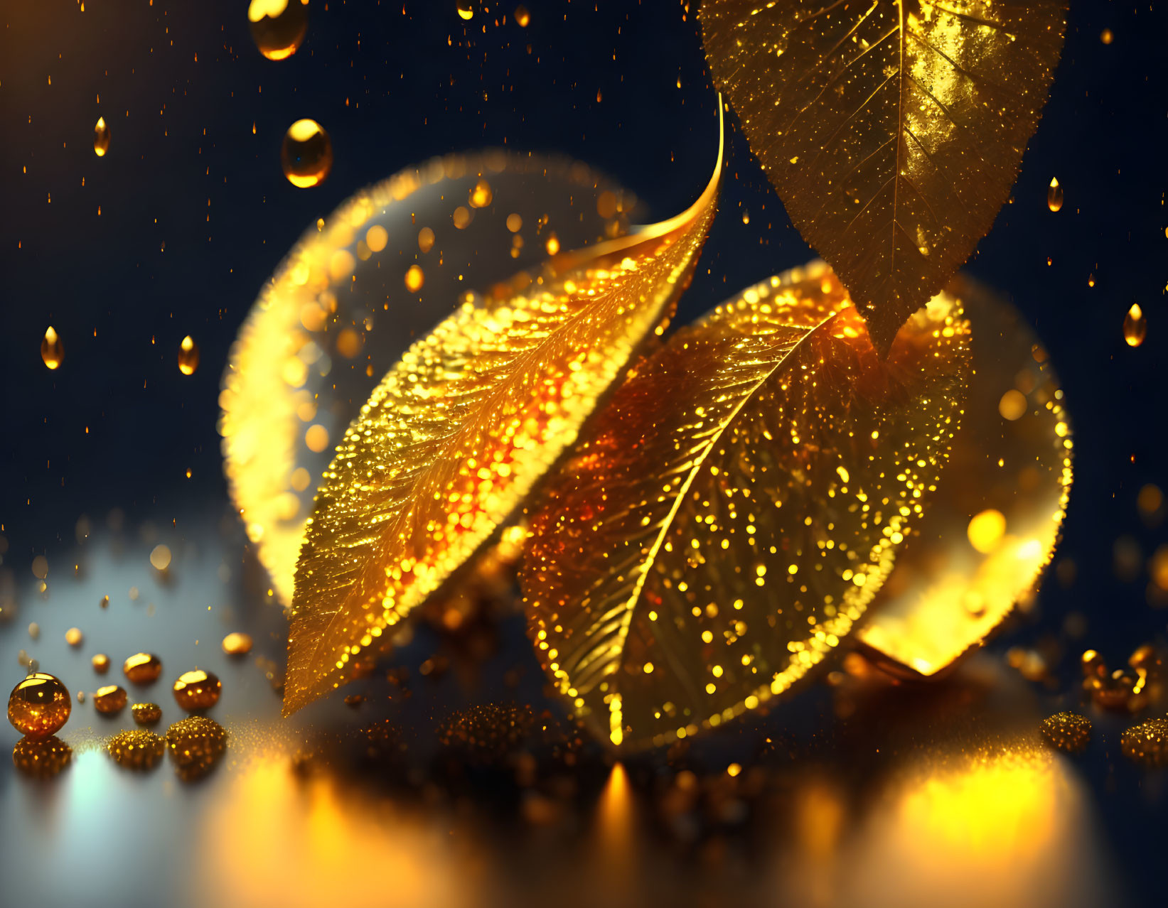 Shimmering Golden Leaves with Water Droplets and Bokeh Lights