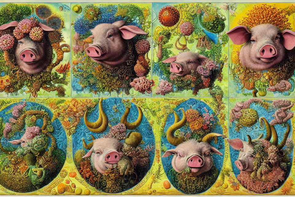 Vibrant psychedelic art with four pig's head panels in intricate floral motifs