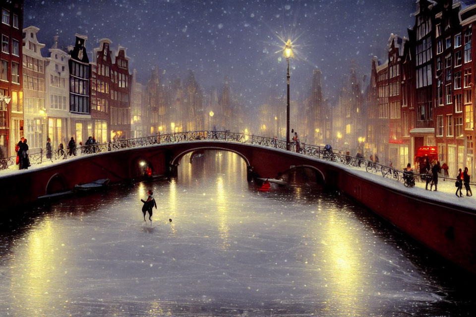 Winter evening in Amsterdam: Skating on frozen canal with city architecture and bridge under streetlights