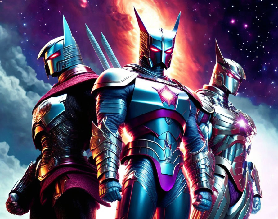 Three armored superheroes on cosmic starry sky backdrop