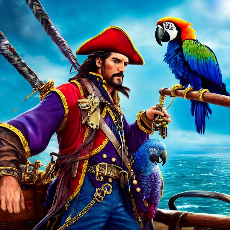 Pirate with red hat and blue parrot on ship deck with ocean background