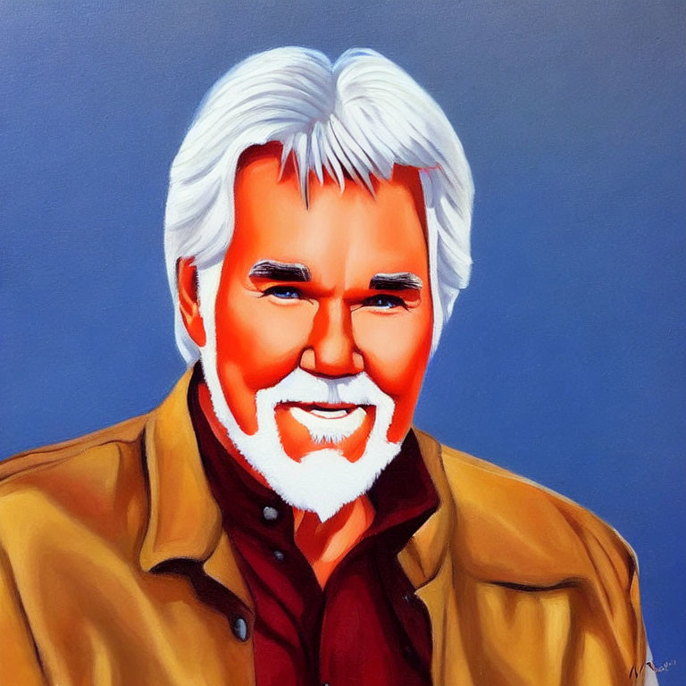 Smiling man with white hair and beard in brown jacket on blue background