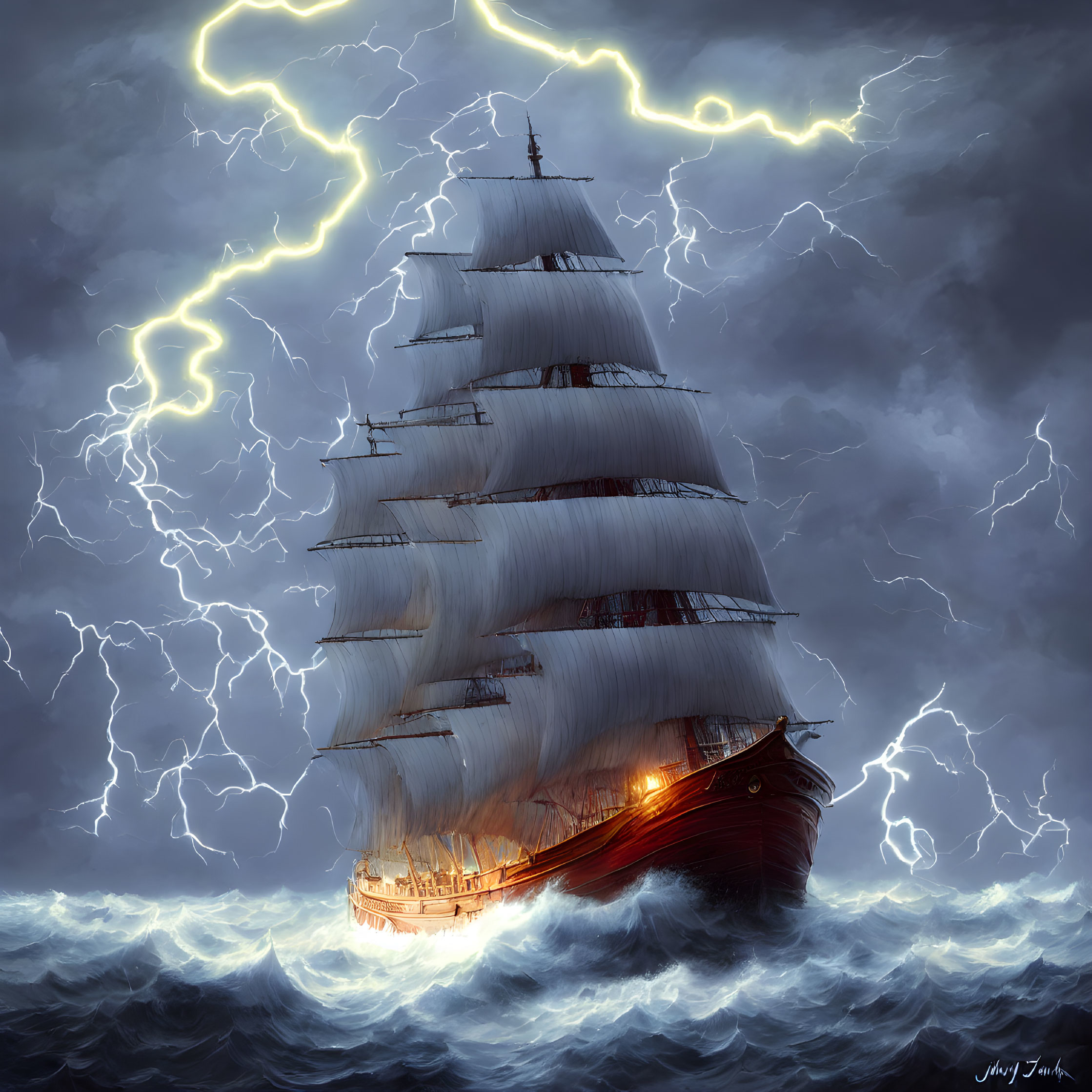 Majestic sailing ship in stormy seas with dramatic lightning