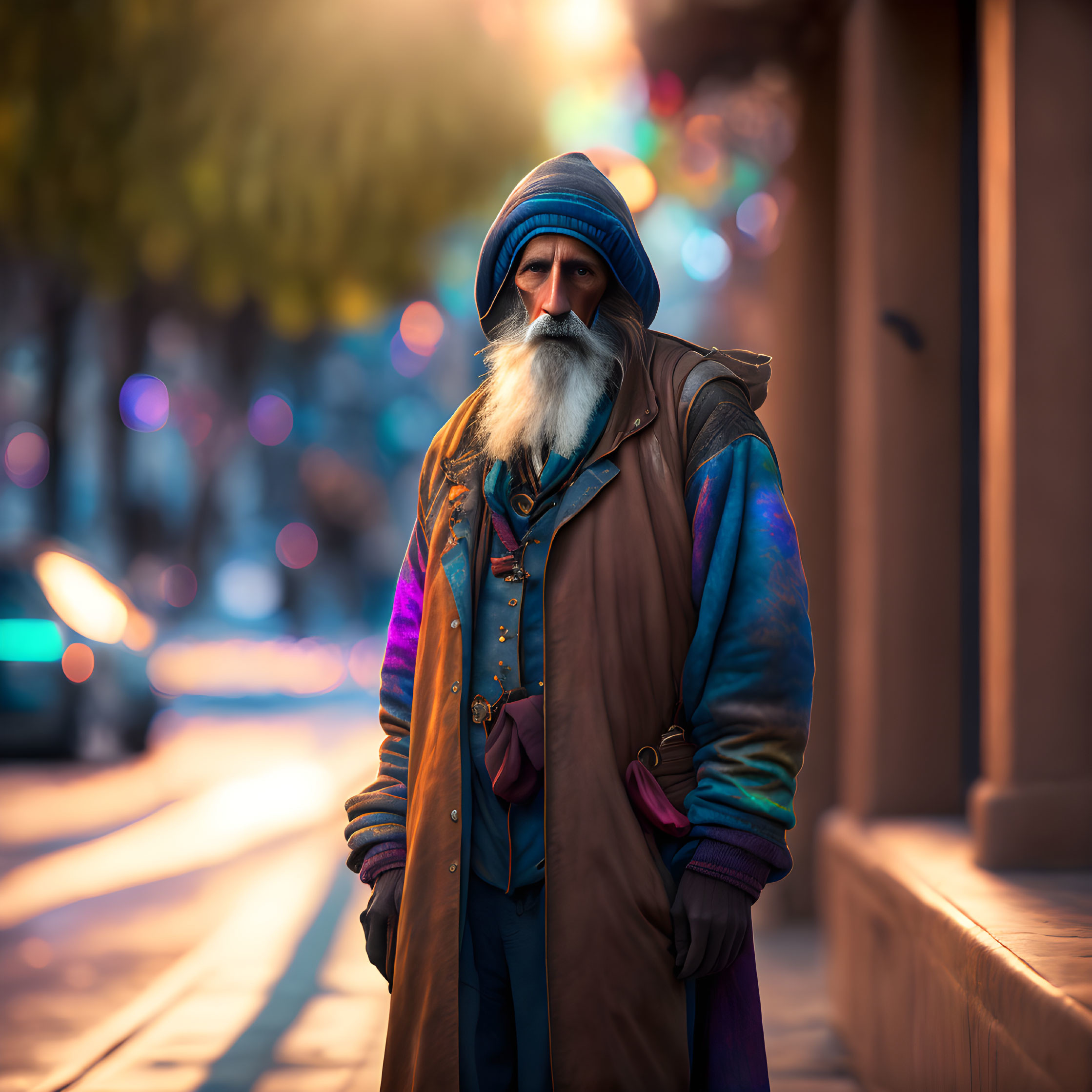 Elderly man in blue turban and overcoat on city street at dusk