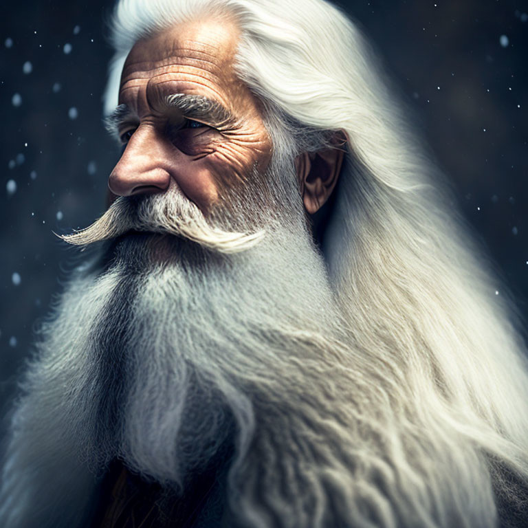 Elderly Man with Long White Beard and Hair in Snowfall