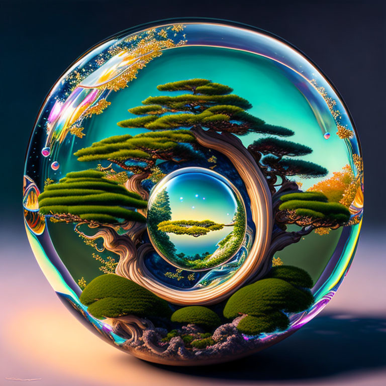 Spherical 3D artwork with surreal landscape elements and vibrant colors