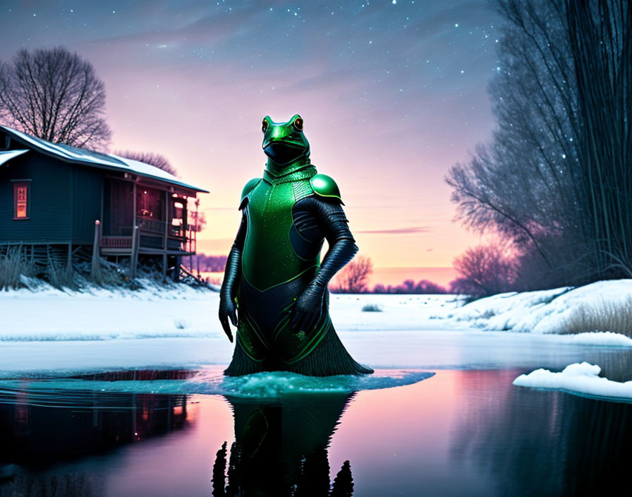 Anthropomorphic frog in futuristic armor by frozen lake at dusk