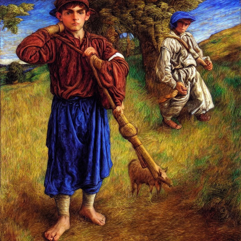 Traditional Attire: Young Shepherds in Pastoral Landscape