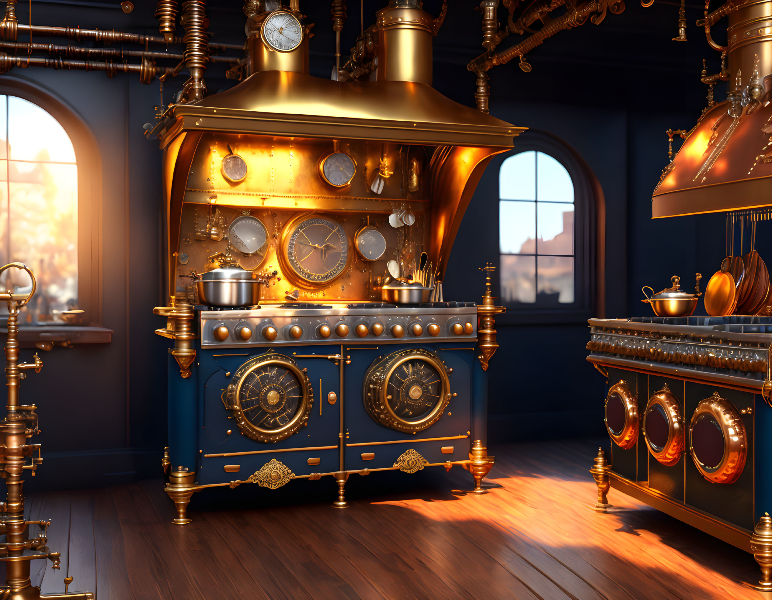 Steampunk-themed kitchen with brass appliances and sunset backdrop