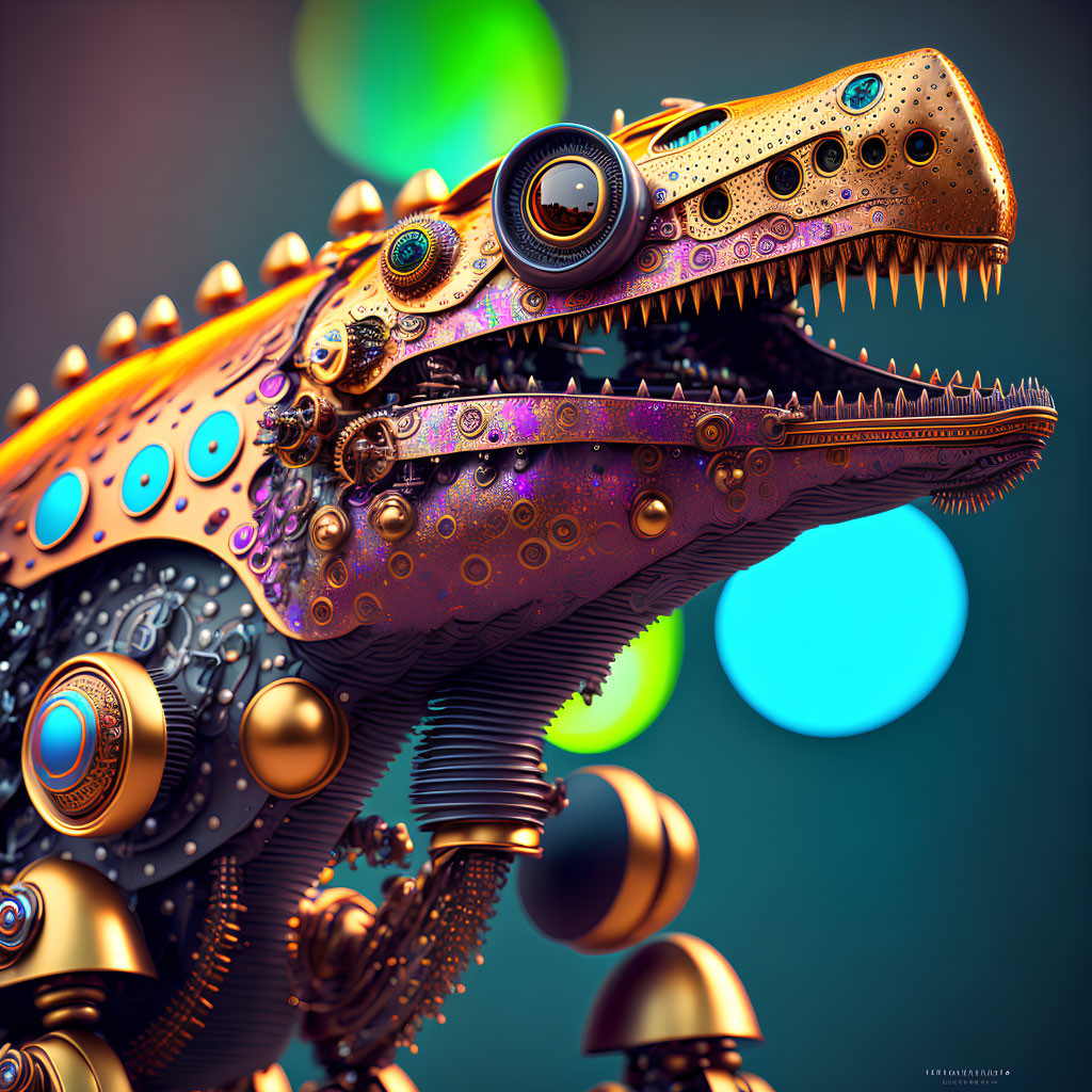 Detailed 3D Illustration: Robotic Dinosaur Head with Steampunk Gears