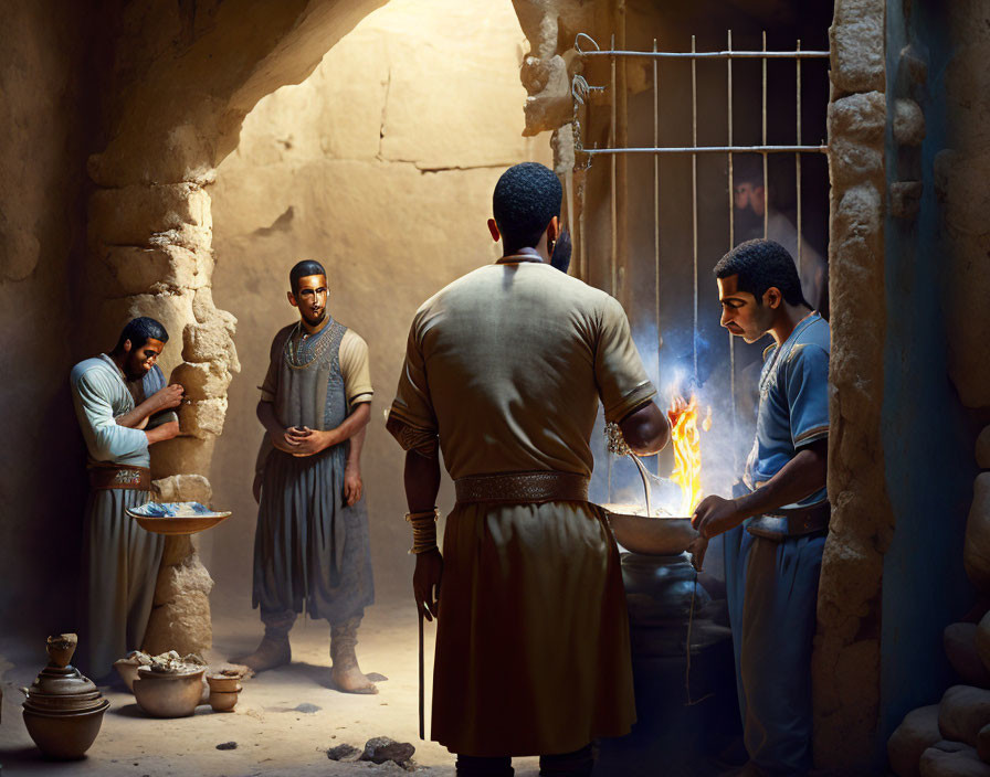 Men in traditional attire working in rustic workshop with pottery and forge.