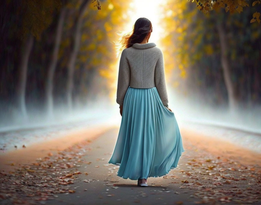 Woman in Sweater and Flowing Skirt Walking on Misty Tree-Lined Path