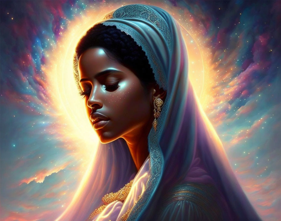 Digital artwork: Woman in blue headscarf with celestial background