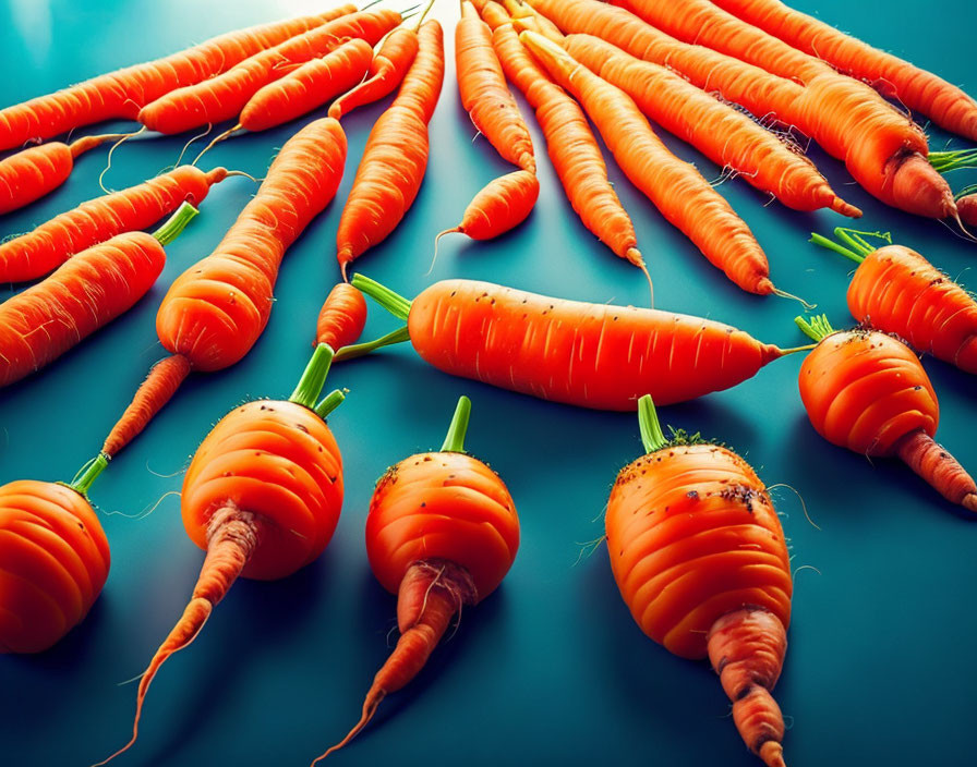 Vibrant sunburst pattern of fresh carrots on teal background