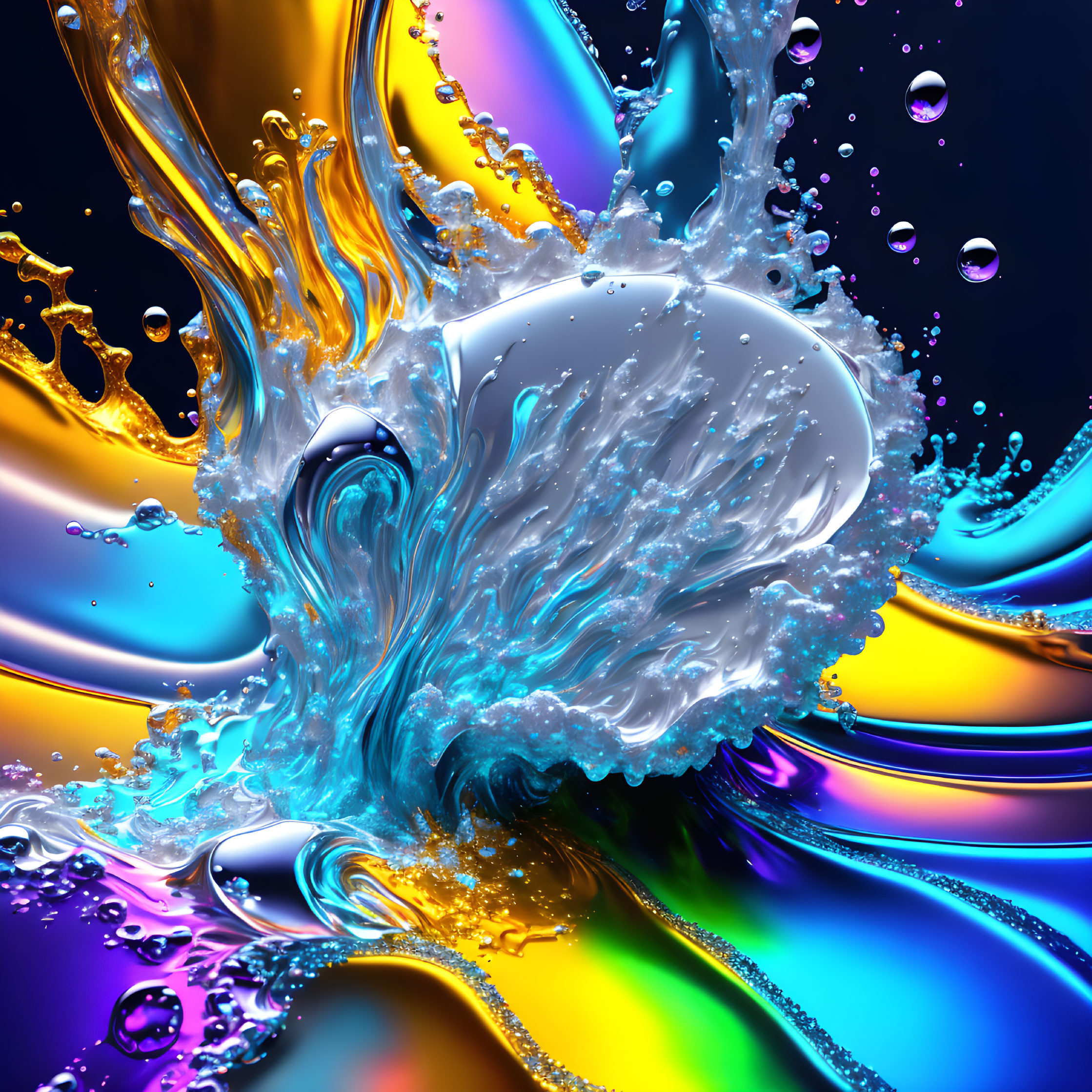 Colorful Abstract Water Splash Art with Reflective Surfaces and Swirling Patterns