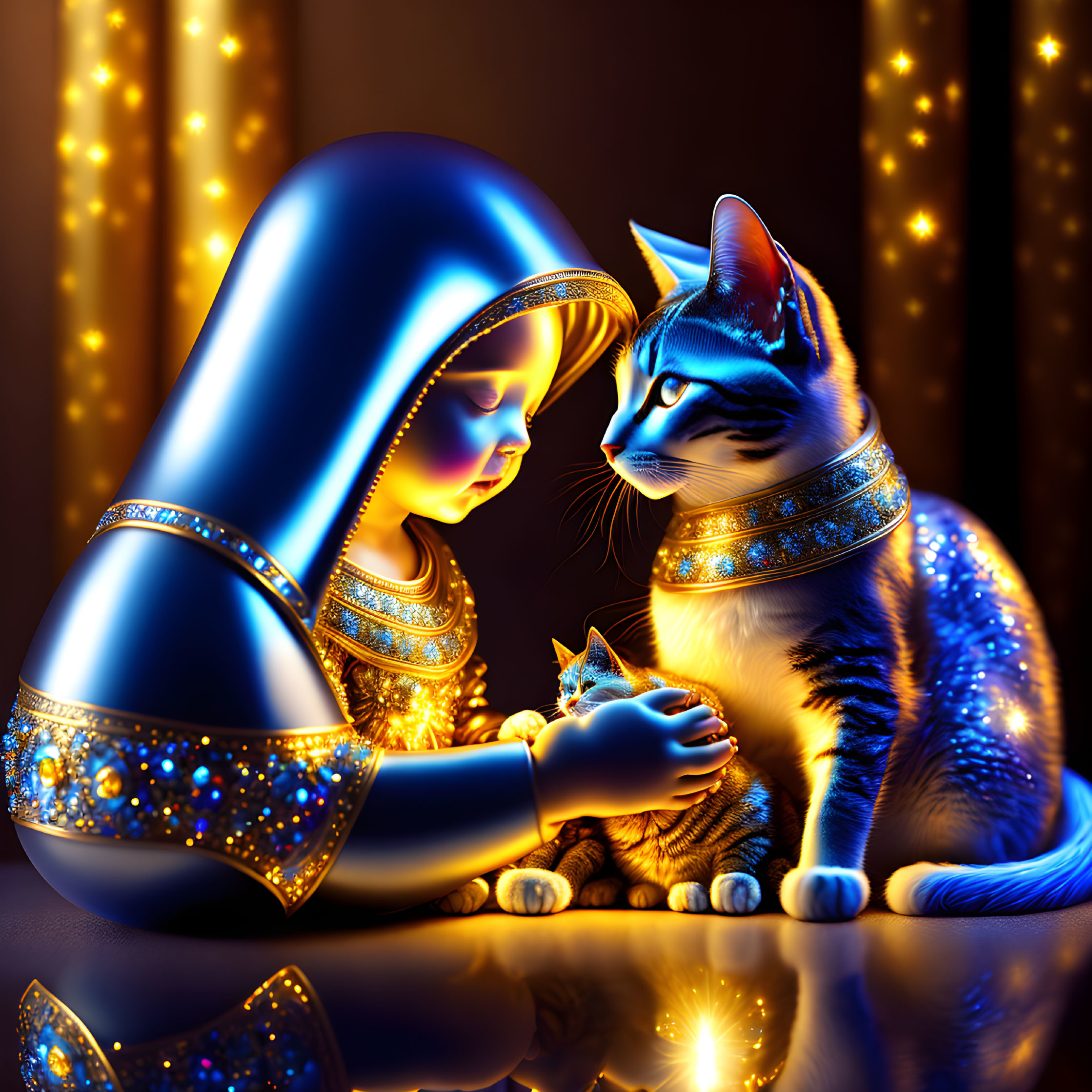 Glowing girl and cat in ornate blue and gold attire on shimmering backdrop