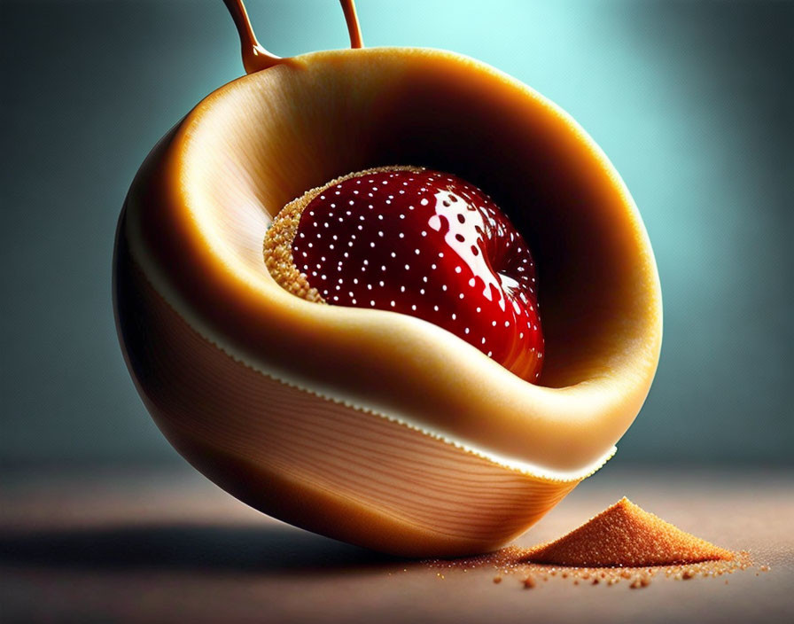 Surreal caramel-coated fruit with red center and spilling granules