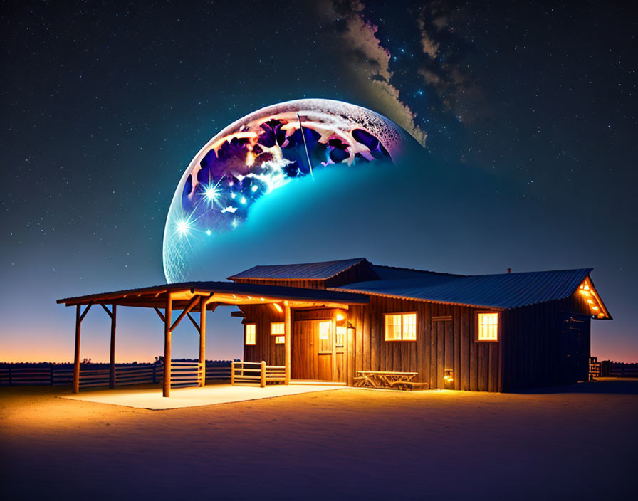 Wooden cabin under starry sky with large planet - surreal night scene