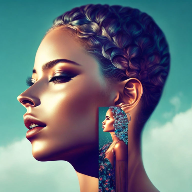 Digital artwork of woman with braided hair and surreal cutout showing smaller version against blue sky