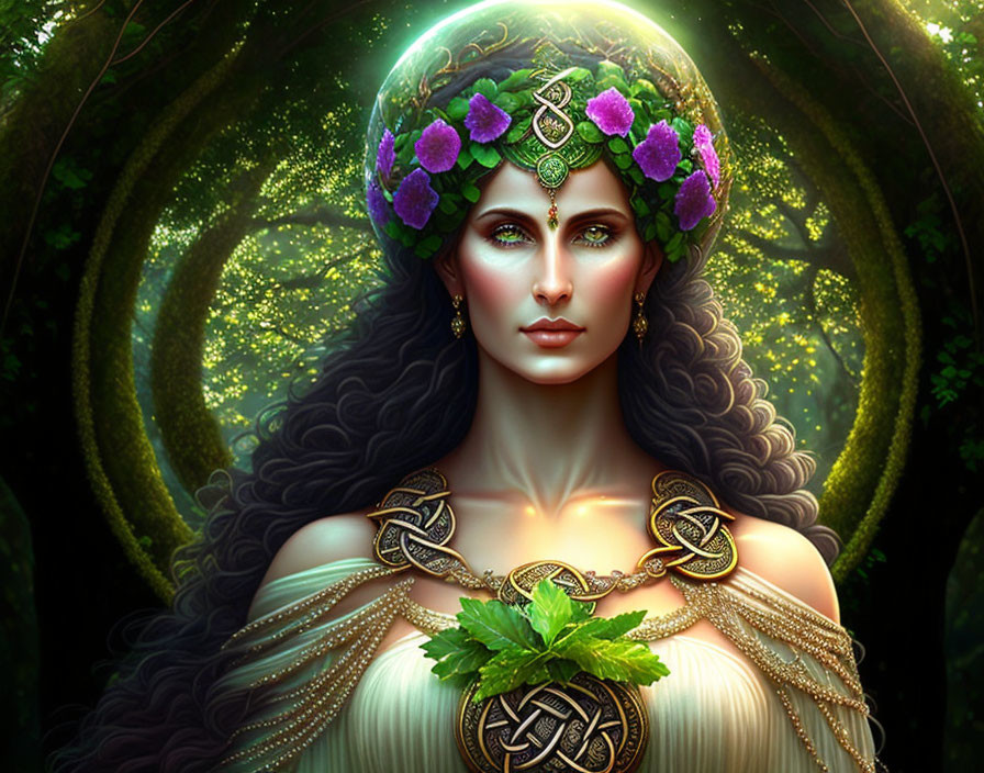 Mystical woman with long brown hair in green tiara and Celtic gold jewelry in lush forest