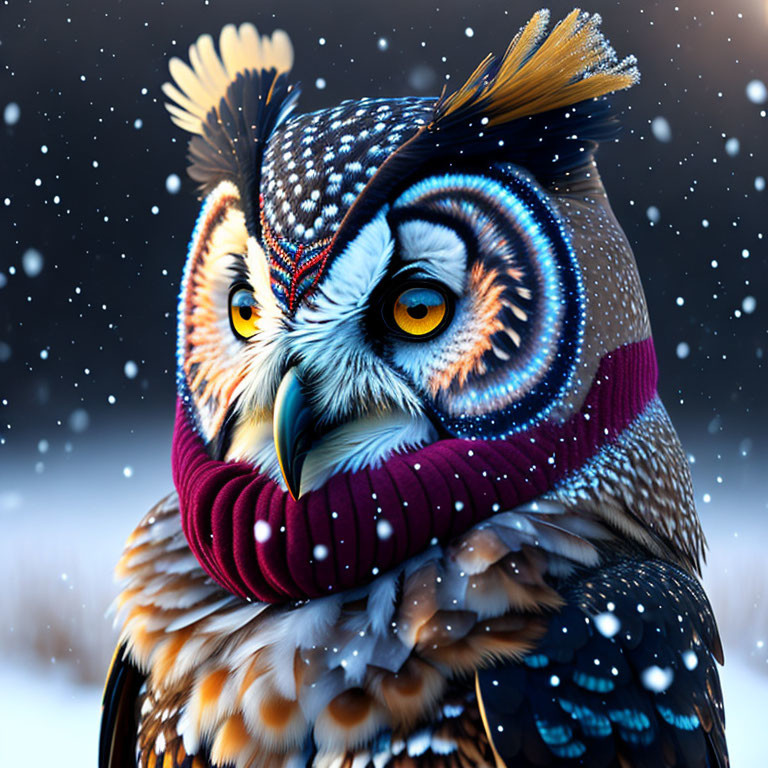 Detailed owl illustration with feather patterns and scarf in snowy scene