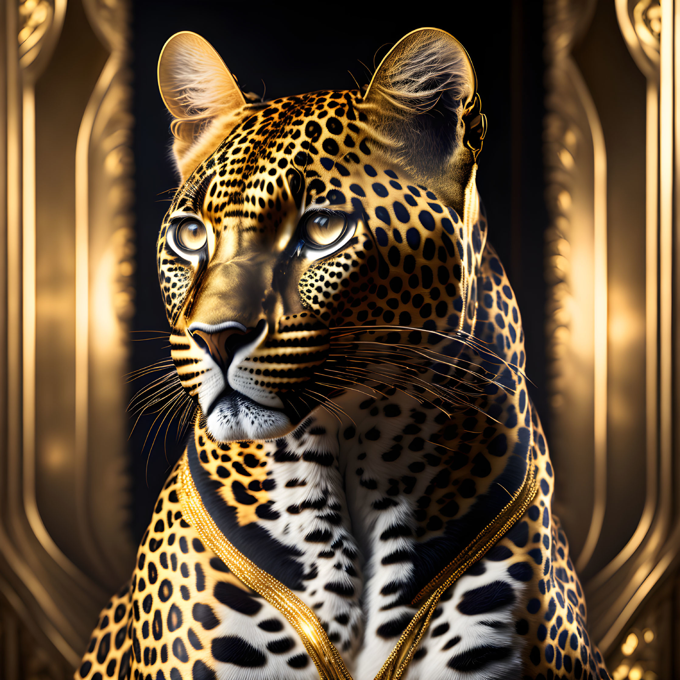 Golden Sheen Leopard in Zipper Jacket Against Art Deco Background