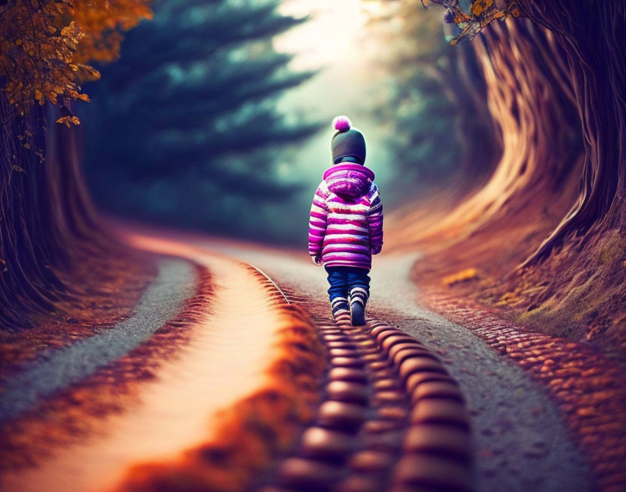 Child in Striped Jacket Walking on Curving Railroad Track in Autumn Forest