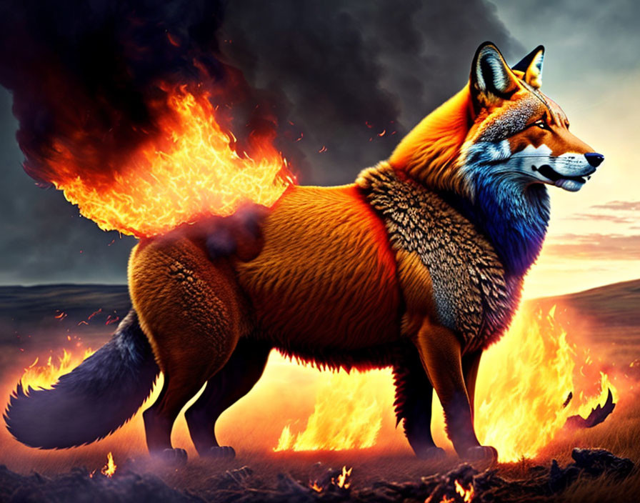 Colorful Fox in Fiery Background with Flames and Lava