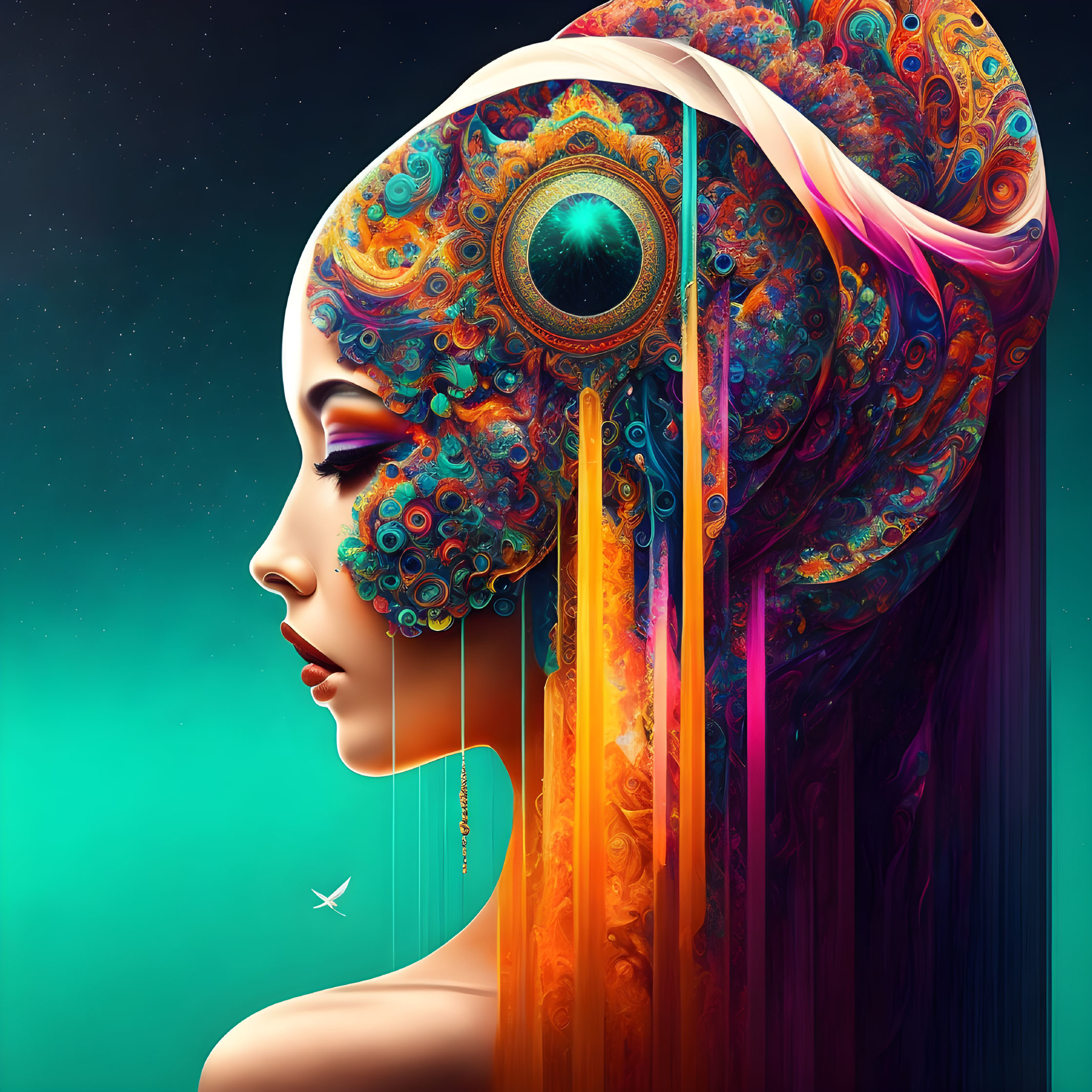 Colorful digital artwork of woman with ornate headdress and teal eye motif