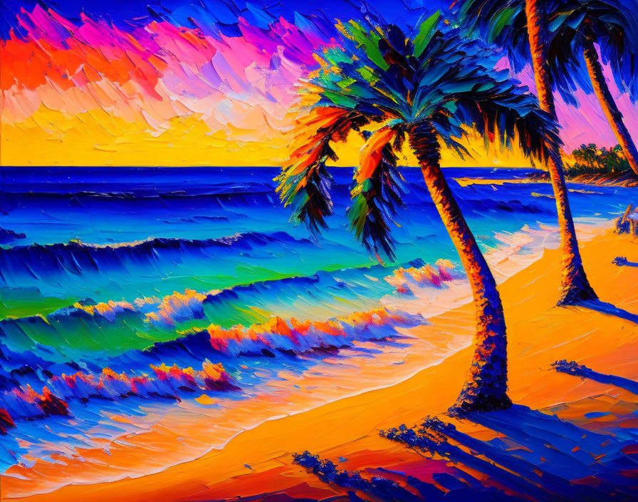 Tropical Beach Painting: Palm Trees, Sunset Sky, Blue Waves