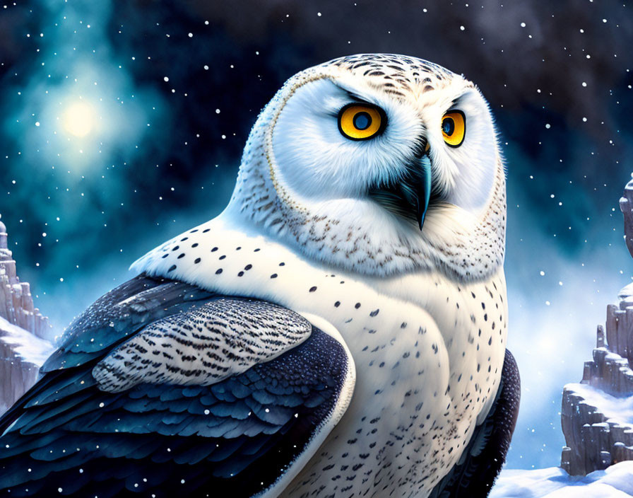 Snowy owl with yellow eyes against icy mountains and starry sky